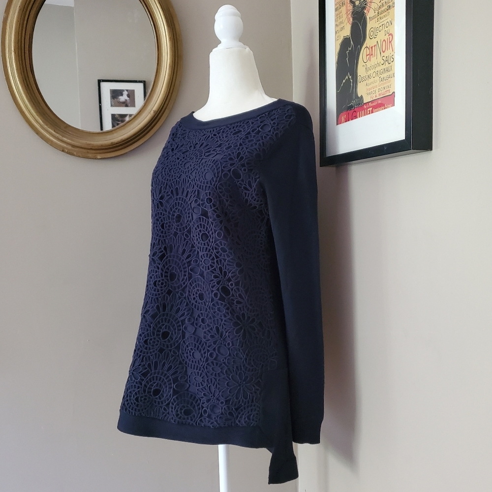 Lela Rose Navy Blue Lace and Cashmere Blend Sweater Size Small - Picture 2 of 12